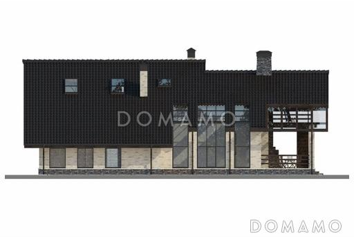 Проект дома с двускатной крышей, бассейном, зимним садом и небольшим подвалом / Фасад 2