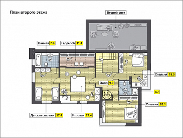 Проект дома с косой крышей, террасой, вытянутой прямоугольной кухней, просторной совмещенной гостиной столовой, спальней на первом этаже, вторым светом, игровой, кабинетом под крышей / План 2 этажа