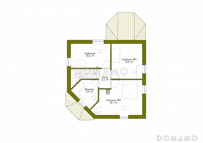 Проект квадратного коттеджа со входом с угла / План мансардного этажа