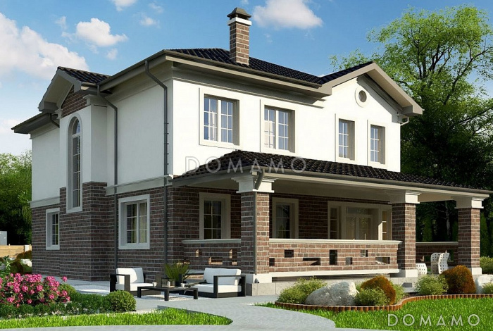 Проект загородного дома в классическом стиле с просторной гостиной, террасой, кладовой на кухне, двумя санузлами на втором этаже