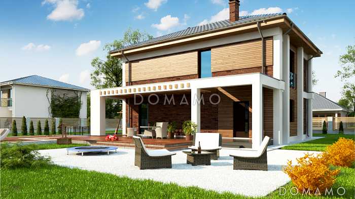 Проект современного двухэтажного дома из кирпича с четырьмя комнатами и уютной частично крытой террасой