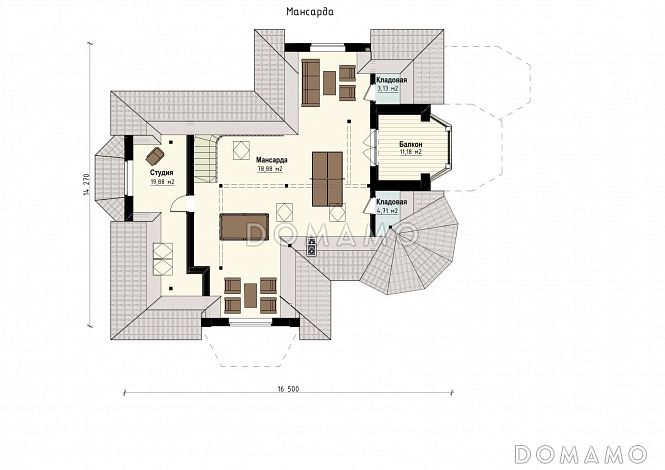 Проект семейного родового дома с террасой, балконами, кабинетами, спортивным залом, сауной / План мансардного этажа