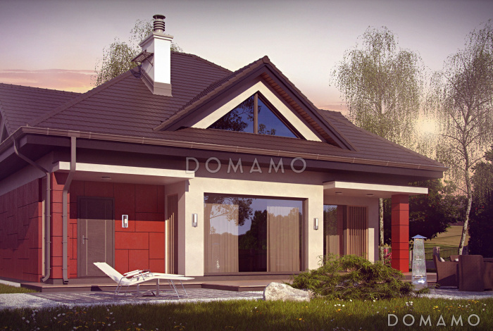 Проект одноэтажного мансардного коттеджа из кирпича с большой площадью остекления в гостиной, кабинетом и гаражом