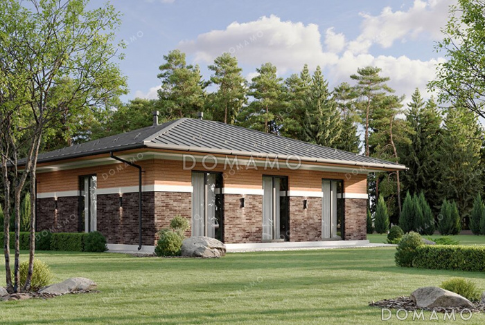 Проект одноэтажного дома с окнами в пол, тремя спальнями и выходом из гостиной в сад