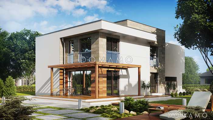 Проект современного загородного дома с гаражом на 2 автомобиля, террасой, большой кухней, кабинетом