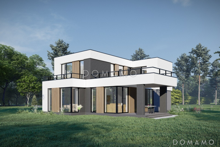 Проект современного дома с 5 спальнями, гаражом на 2 машины и террасой на втором уровне