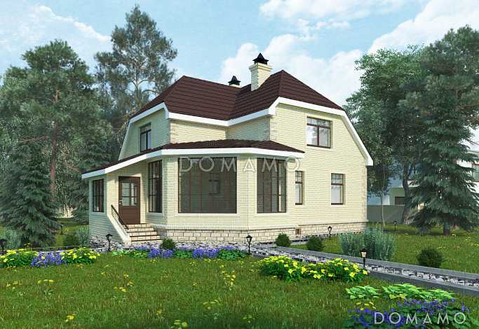 Проект коттеджа спокойных очертаний с остекленной террасой и большим подвалом