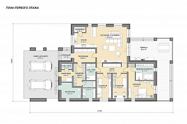 Проект одноэтажного кирпичного дома с 3 спальнями, кладовой при кухне, навесом для двух автомобилей и угловой террасой с печью-барбекю / План 1 этажа