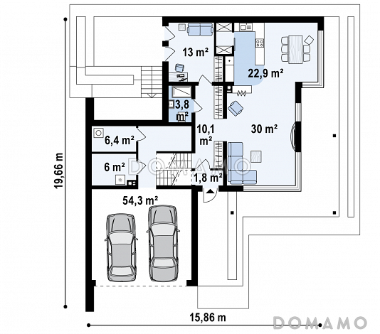 Проект современного двухэтажного дома из газобетона с подземным гаражом и террасой на втором уровне / План 1 этажа