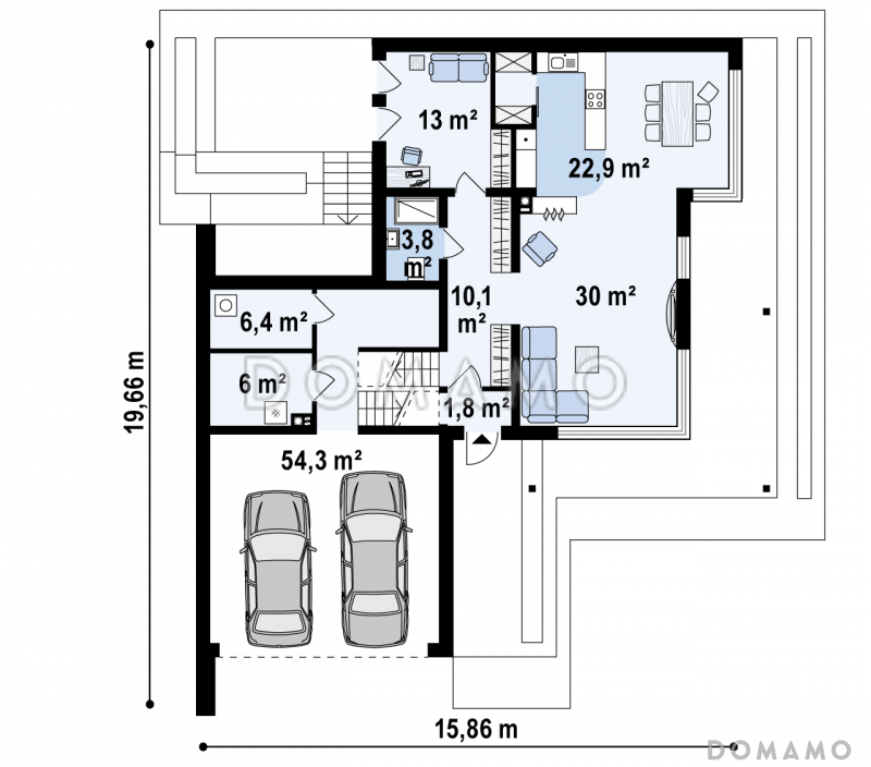Проект современного двухэтажного дома из газобетона с подземным гаражом и террасой на втором уровне / План 1 этажа