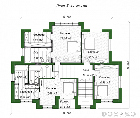 Проект двухэтажного дома из газобетона с пристроенным навесом, верандой и камином / План 2 этажа