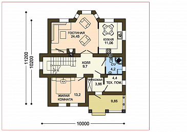 Проект коттеджа из белого клинкера с эркером и деревянными вставками / План 1 этажа