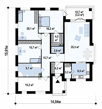 Проект загородного дома функциональной планировки с  большой гостиной и изолированной кухней с кладовой, просторной ванной / План 1 этажа