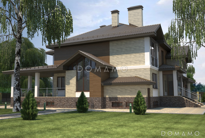 Проект особняка в трех уровнях, с комнатой отдыха на чердаке, с мастерской, гаражом и навесом под автомобиль