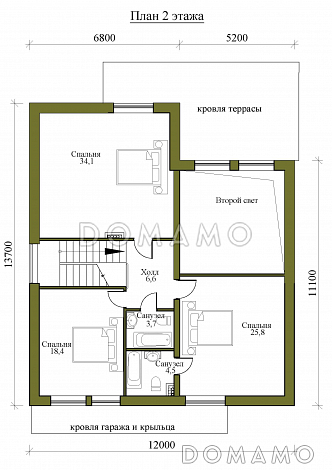 Проект одноэтажного дома в стиле Барнхаус с мансардой, четырьмя спальнями и вторым светом / План мансардного этажа