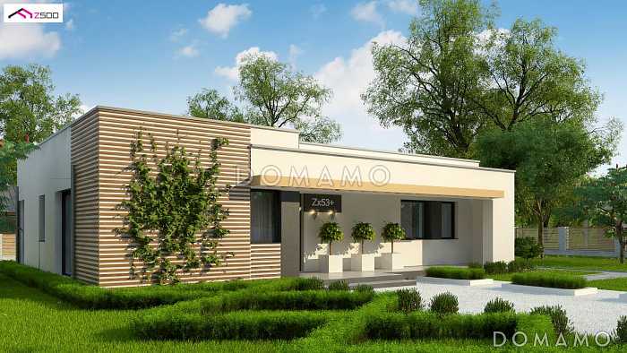 Проект одноэтажного дома с плоской крышей, террасой,  тремя спальнями