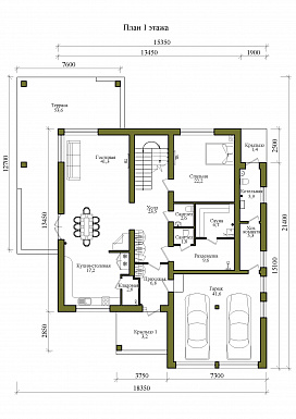 Проект двухэтажного дома с крытой террасой на первом и открытой террасой на втором этажах / План 1 этажа