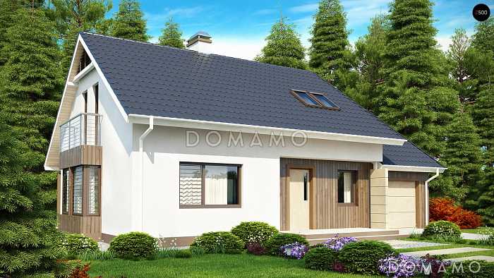 Проект мансардного дома из кирпича с кабинетом, балконом, гаражом и комнатой над ним