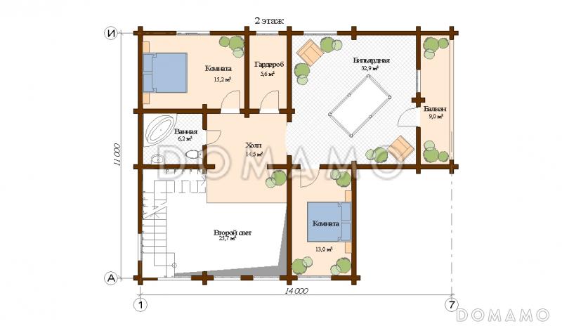 Проект дома с двумя спальнями / План мансардного этажа