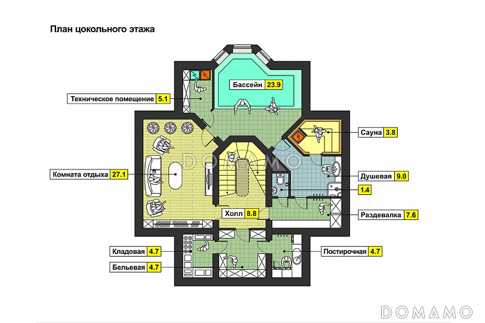 Проект дома с цокольным этажом, бассейном и сауной, кухней с эркером, открытой террасой, бильярдной на мансарде / План цокольного этажа