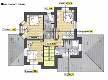 Проект коттеджа из кирпича с двуцветной облицовкой и хозяйским санузлом / План 2 этажа