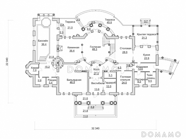 Проект просторного коттеджа с бассейном, бильярдной и парадной гостиной / План 1 этажа