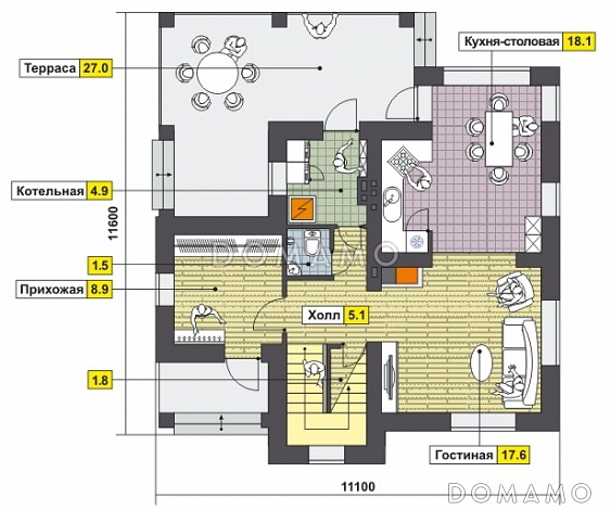 Проект дома с большой крытой террасой, просторной прихожей, ванной с окном на втором этаже / План 1 этажа