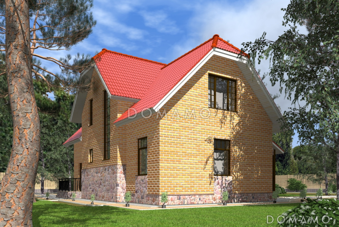 Проект полутораэтажного коттеджа с яркой облицовкой и открытой террасой