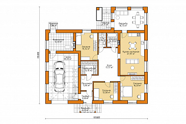 Проект одноэтажного дома из газобетона с 3 спальнями, верандой и гаражом / План 1 этажа