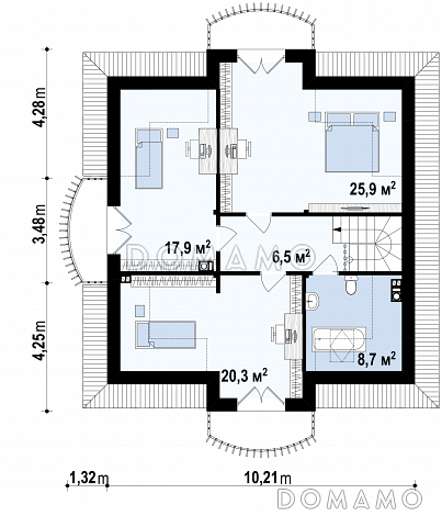 Проект классического одноэтажного мансардного дома из газобетона с кабинетом, хозяйственным помещением и с балконами в каждой из трёх спален / План мансардного этажа