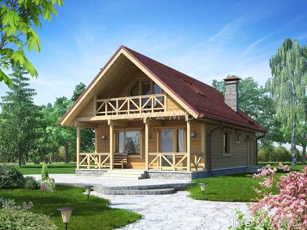 Проект одноэтажного дома из бруса с мансардой и двумя террасами на обоих этажах по всей ширине дома