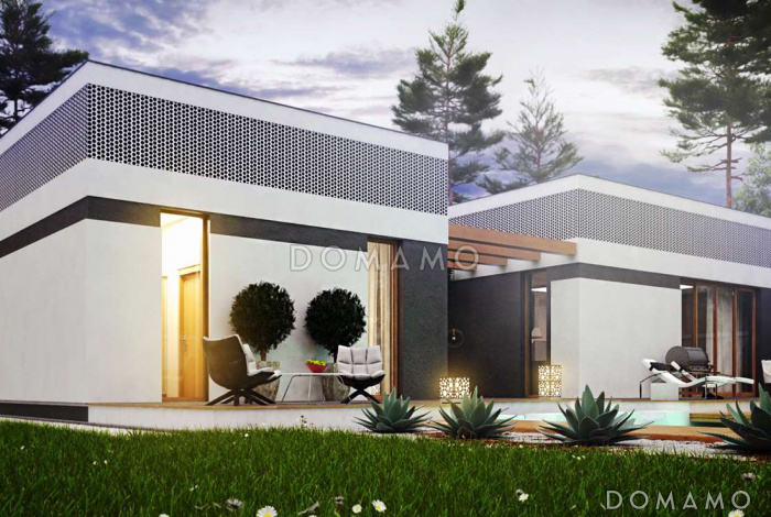 Проект современного одноэтажного дома из газобетона с тремя спальнями, гаражом и внутренним двориком переходящим в открытую террасу