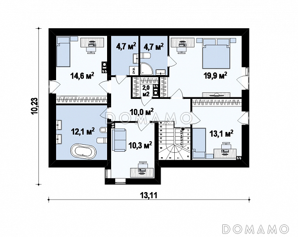 Проект одноэтажного мансардного дома из газобетона с прямоугольным выступом на втором уровне / План мансардного этажа