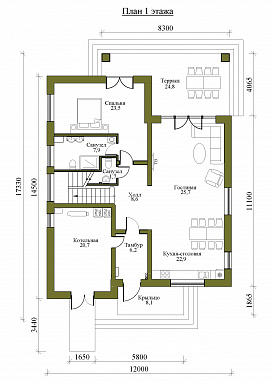 Проект одноэтажного дома в стиле Барнхаус с мансардой, четырьмя спальнями и вторым светом / План 1 этажа