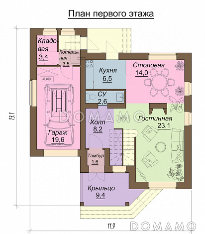 Проект одноэтажного дома с мансардным этажом и встроенным гаражом / План 1 этажа