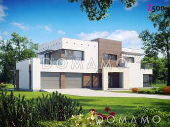 Проект современного двухэтажного дома в стиле хай-тек из газобетона с плоской крышей, балконом и гаражом с двумя отдельными въездами 