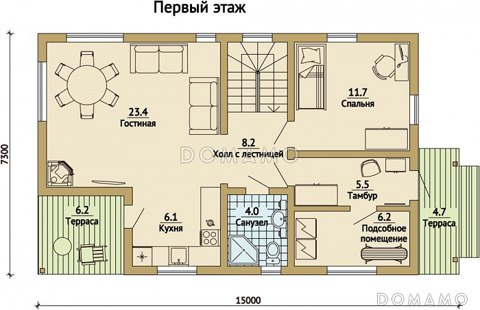 Проект каркасного дома с односкатной крышей / План 1 этажа