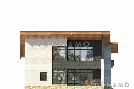 Проект загородного дома с косой крышей, открытой террасой, двумя балконами, панорамными окнами / Фасад 3