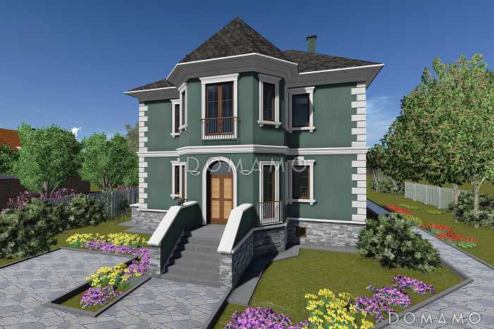 Проект большого двухэтажного дома с цоколем и мансардой,с эркером, сауной и бассейном