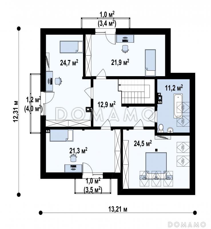 Проект дома с гаражом на две машины, спальней на первом этаже,  балконами и террасой / План мансардного этажа