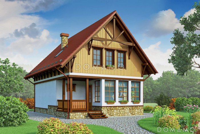 Проект дачного дома с остекленной верандой и мансардой