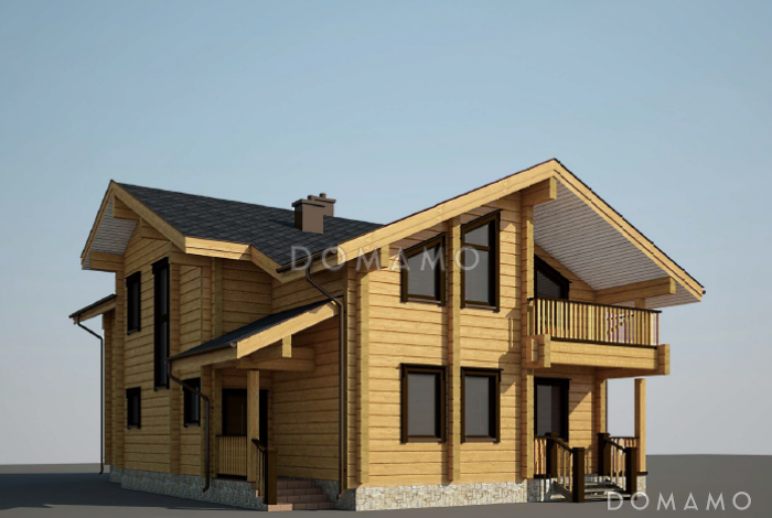 Проект дома из клееного бруса с угловой террасой