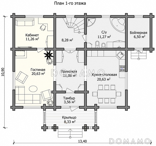 Проект дома с уютной гостиной, просторной кухней – столовой, большой прихожей, санузлом, бойлерной и кабинетом / План 1 этажа