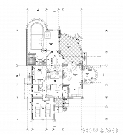 Проект просторного коттеджа в стиле модерн с бассейном и гаражом / План 1 этажа