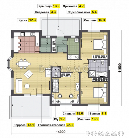 Проект среднего одноэтажного дома из газобетона / План 1 этажа