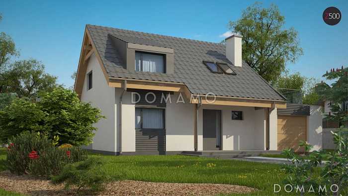 Проект одноэтажного мансардного дома из газобетона с пристроенным гаражом и террасой над ним