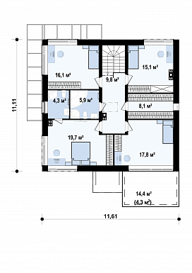 Проект двухэтажного дома из газобетона с четырьмя спальнями и удлинённым двухместным гаражом / План 2 этажа