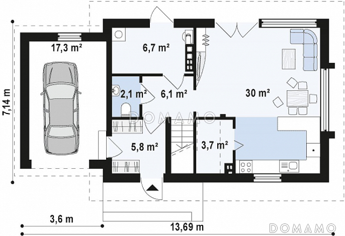 Проект компактного одноэтажного дома из кирпича с ночной зоной на мансардном этаже и с гаражом / План 1 этажа