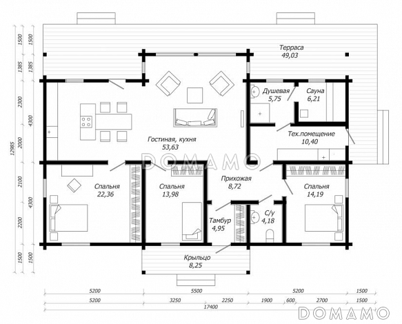 Проект одноэтажного дома из клееного бруса с тремя спальнями и большой террасой / План 1 этажа
