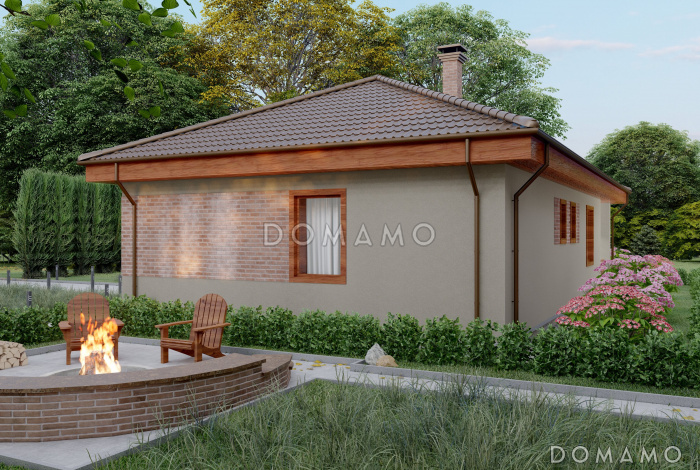 Проект одноэтажного дома из кирпича с большой террасой и двумя спальнями